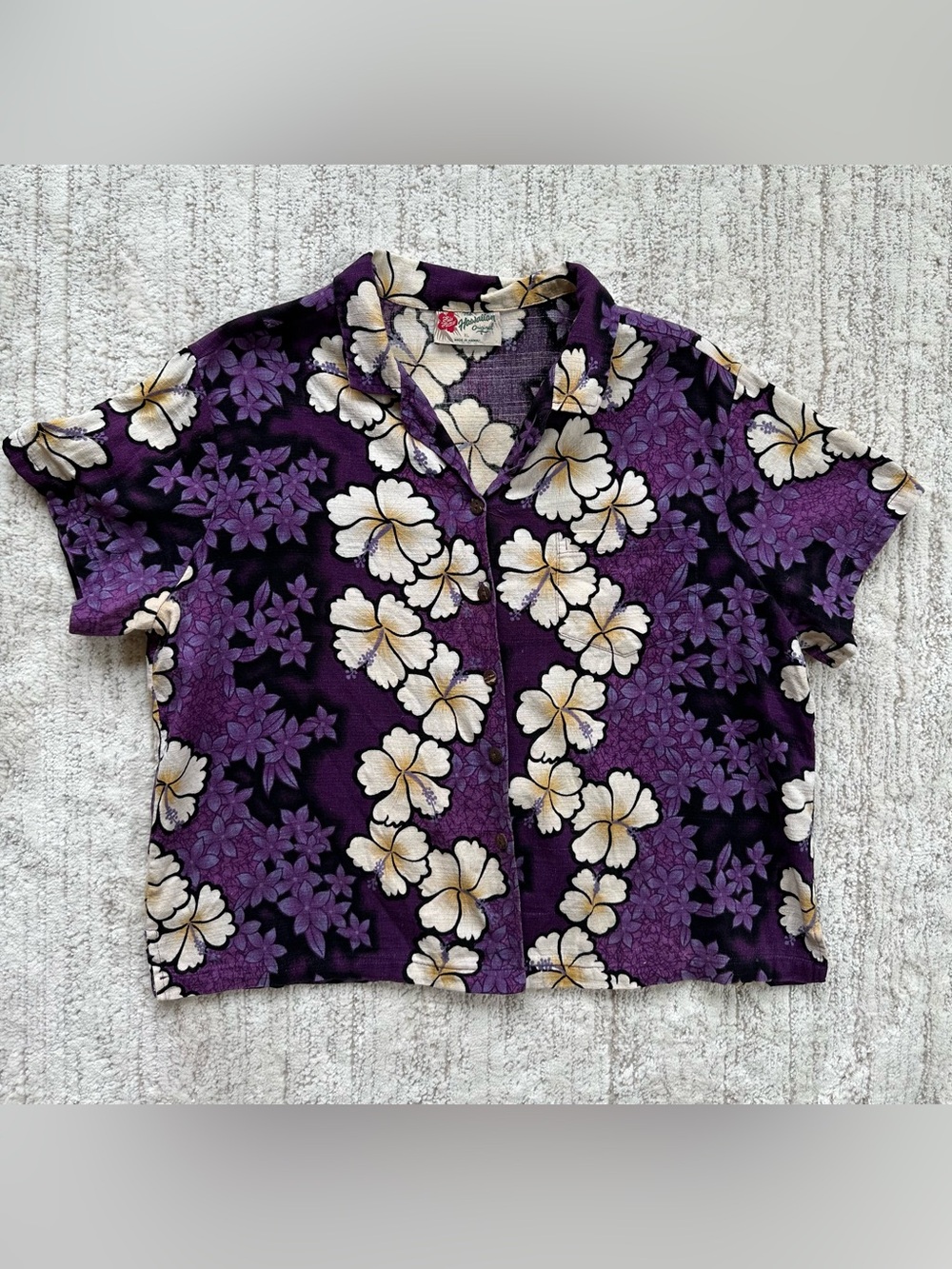 Hilo Hattie Blossoming Hibiscus Hawaiian Shirt Women's XL Purple Crop Aloha